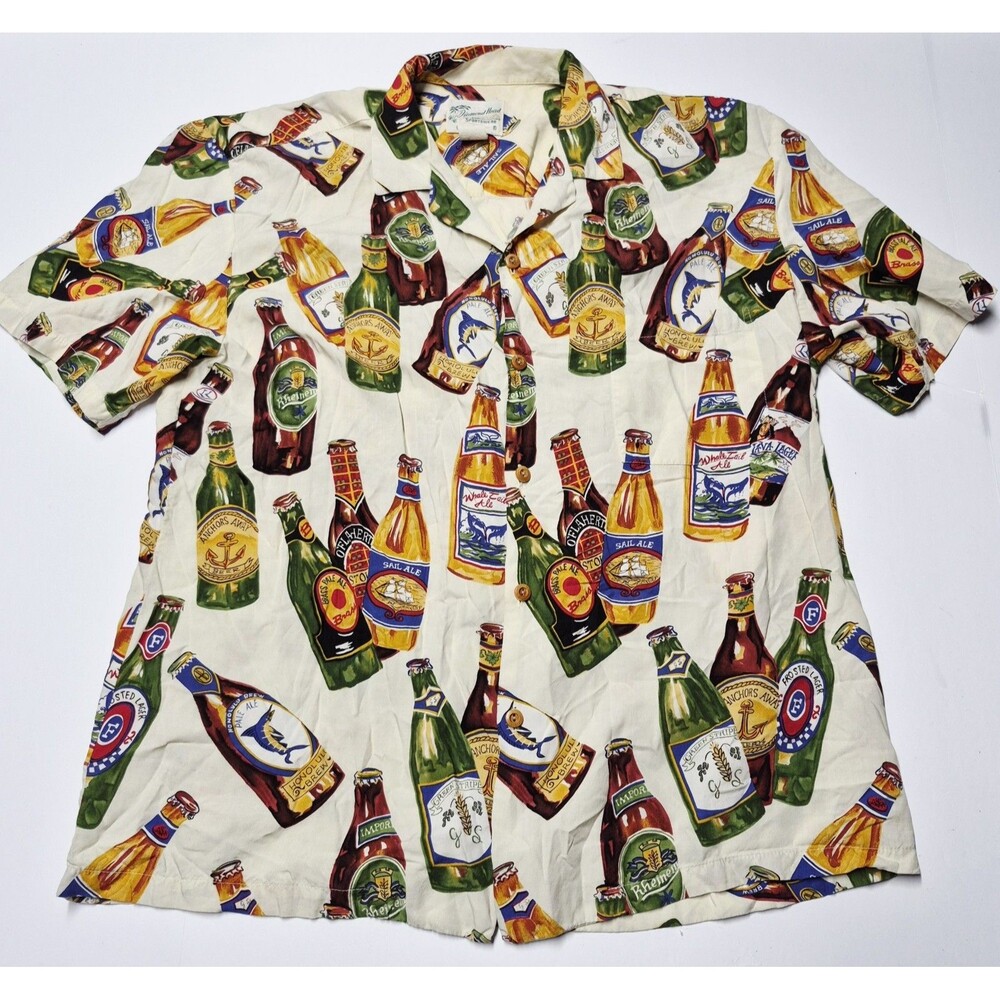 Vtg 90s Diamond Head Hawaiian Shirt Beer Bottle Print Made in Hawaii USA Large